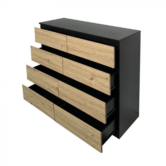 Moderne Kommode mit 8 grifflosen Schubladen Schwarz-Artisaneiche 