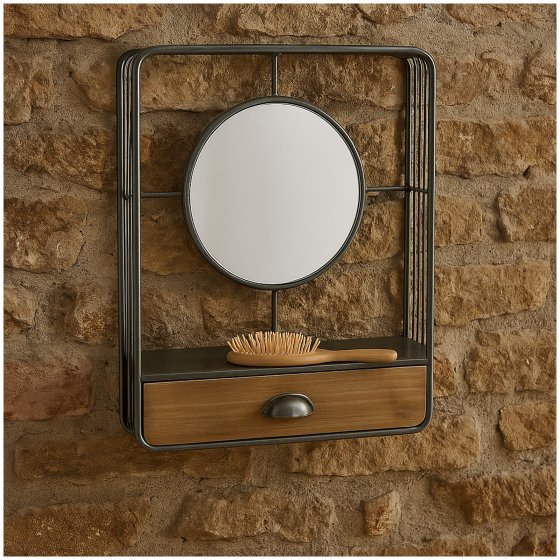 Wandspiegel mit Schublade Industrial Design aus Metall und Holz