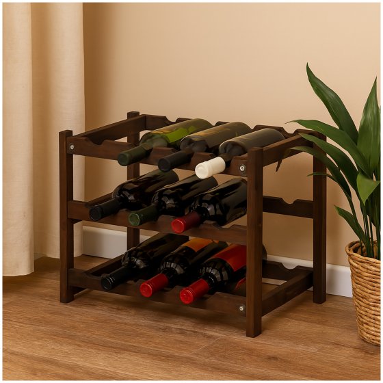 Weinregal aus Holz für 12 Flaschen 3 Ebenen, Dunkelbraun 