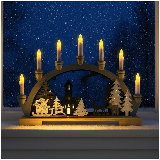 Moderner Schwibbogen LED Holz Grau mit Weihnachtsmotiv und 7 LED Kerzen