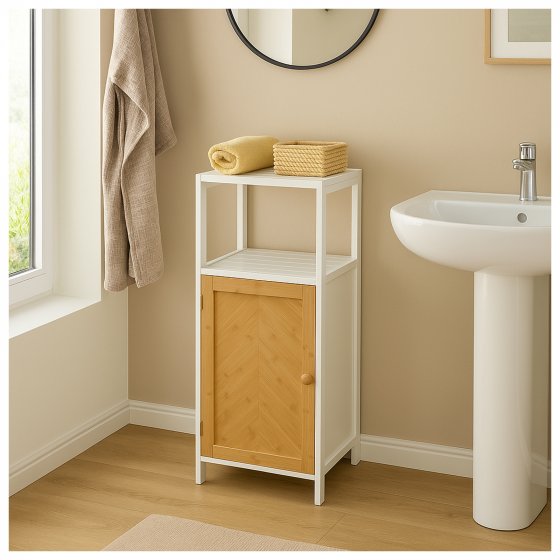 Badschrank Ilian Weiß mit Tür in Holzoptik 