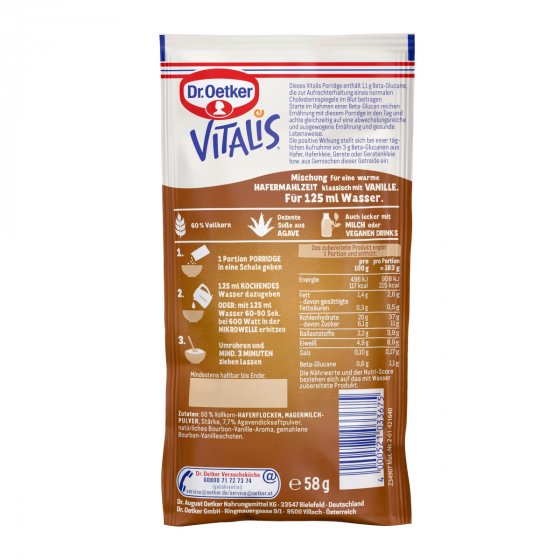 Dr. Oetker Vitalis Porridge Classic für eine warme Hafermahlzeit 58g