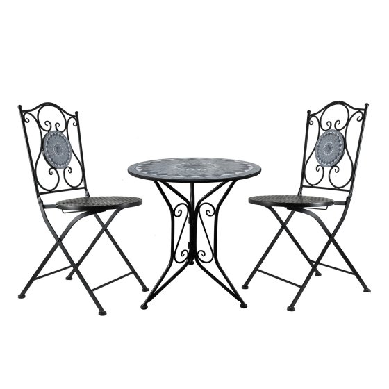 Bistro Sitzgruppe Metall schwarz Tisch mit 2 Stühlen Balkon Set mit Motiv Schiefer 