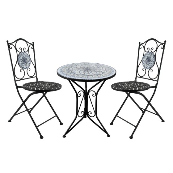 Bistro Sitzgruppe Metall schwarz Tisch mit 2 Stühlen Balkon Set mit Motiv 
