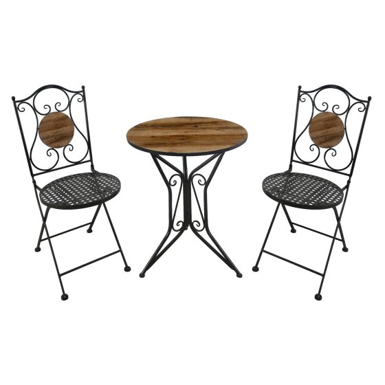 Bistro Sitzgruppe Metall schwarz Tisch mit 2 Stühlen Balkon Set mit Motiv Holz 