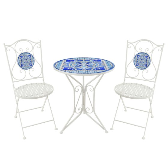 Bistro Sitzgruppe Metall Creme Tisch mit 2 Stühlen Balkon Set mit Motiv Santorin 
