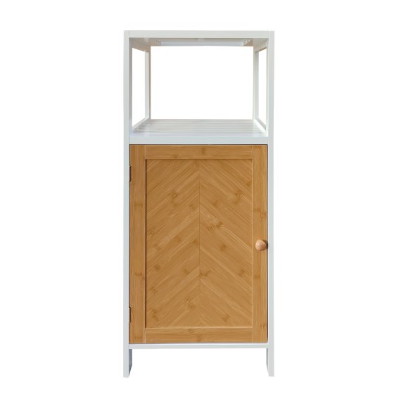 Badschrank Weiß mit Front Holzoptik Fischgrätmuster 