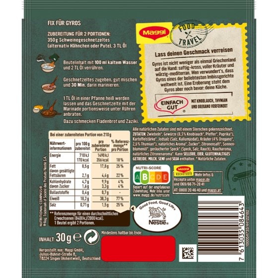 Maggi Food Travel Fix für Gyros Gewürz mit natürlichen Zutaten 30g 