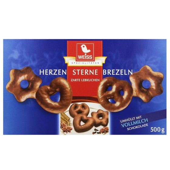 Weiss Herzen Sterne Brezeln Lebkuchen mit Vollmilchschokolade 500g 