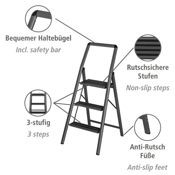 Alu-Klapptrittleiter Compact 3-stufig Dunkelgrau, leichte & rutschfeste Haushaltsleiter 