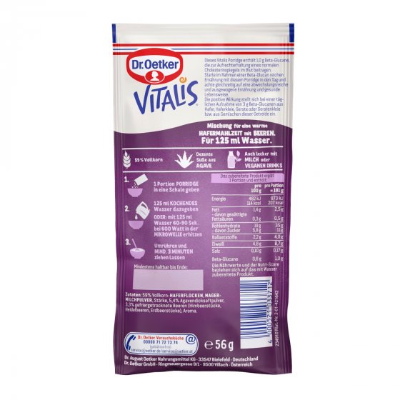 Dr. Oetker Vitalis Porridge Beeren für eine warme Hafermahlzeit 56g