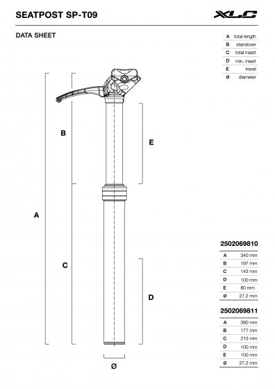 Teleskopsattelstütze SP-T09, Ø27,2mm, 340mm, Hub 80mm 