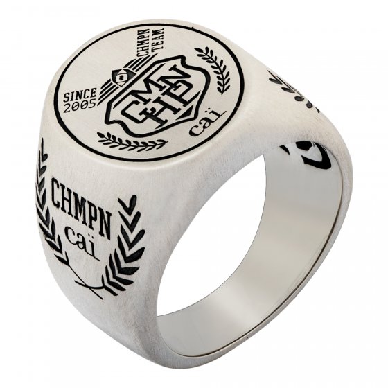 Ring 925/- Sterling Silber Siegelring satiniert oxidiert Champion Wappen 