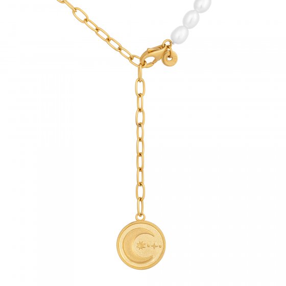 Collier 925 Silber vergoldet Y-Kette Perlen Münze Sonne Mond 