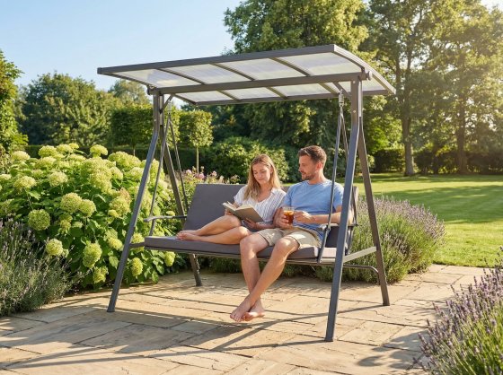 Gartenschaukel 3-Sitzer Hollywoodschaukel mit Dach grau 