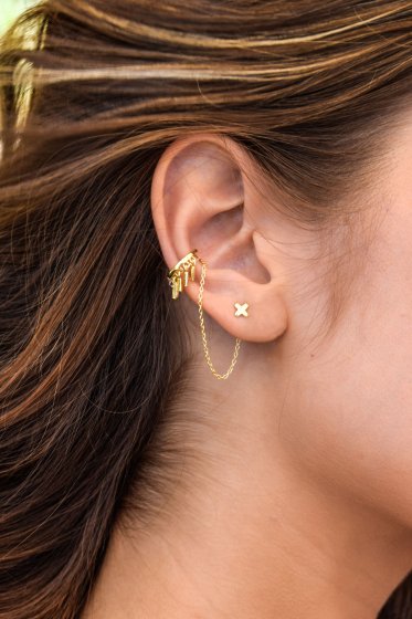 Single Ohrring 925 Sterling Silber vergoldet mit Ear Cuff und Anhängern 