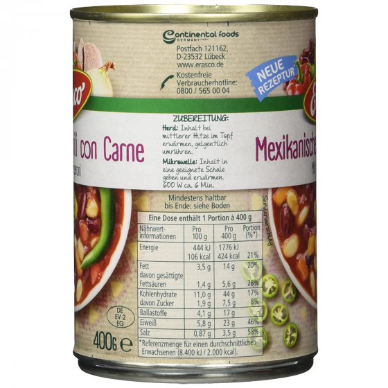 Erasco Mexikanisches Chili con Carne mit grüner Peperoni 400g 3er Pack 