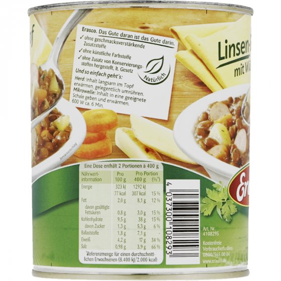 Erasco Linseneintopf mit Würstchen für die ganze Familie 800g 3er Pack 