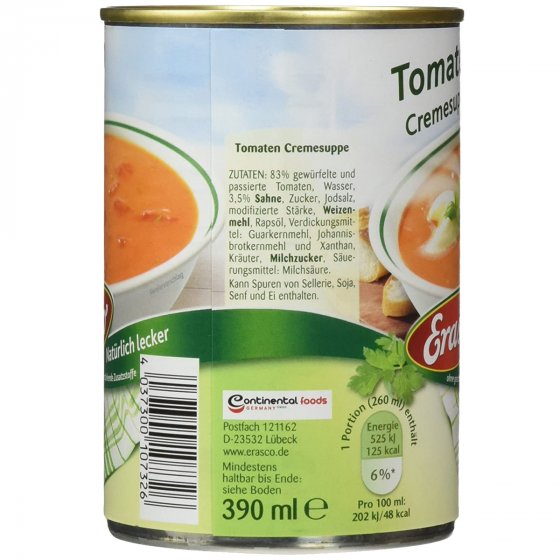 Erasco Tomaten Cremesuppe mit Tomatenstücken natürlich 390ml 3er Pack 