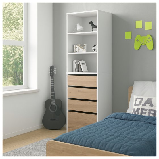 Schrank mit 4 Schubladen und 3 offenen Fächern Weiß/Artisaneiche 