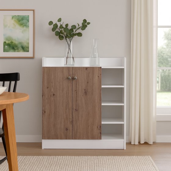 Sideboard mit 8 Regalfächern Weiß-Artisaneiche 