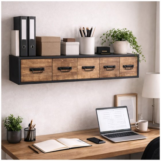 Wandregal Industrial mit 5 Schubladen Vintage Wandboard mit Ablage Holz Metall 