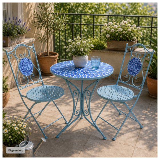 Gartentisch Metall Blau mit Blütenmotiv 