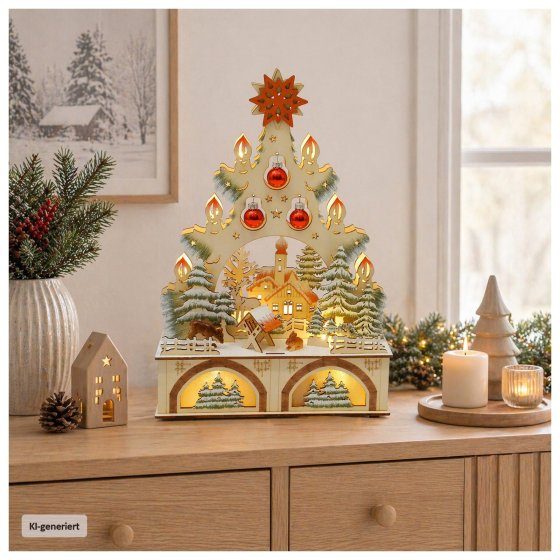 LED Schwibbogen Weihnachtsbaum mit Kugeln und Kirche 