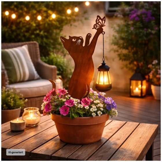 Gartenstecker Katze mit Lampe Metall Rostoptik Gartendeko mit Laterne 