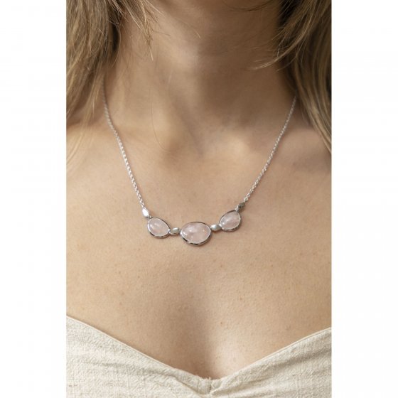 Halskette Silber 925 rhodiniert 42+3cm mit echtem Rosenquarz 