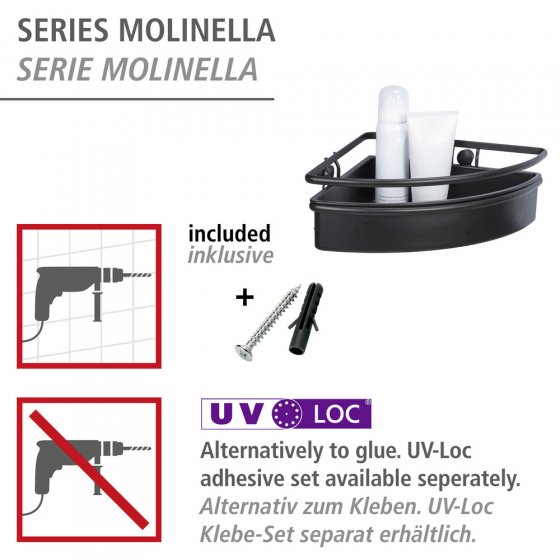 Eckablage Mod. Molinella Schwarz, extra tiefer Korb für Shampoo- und Duschgelflaschen 