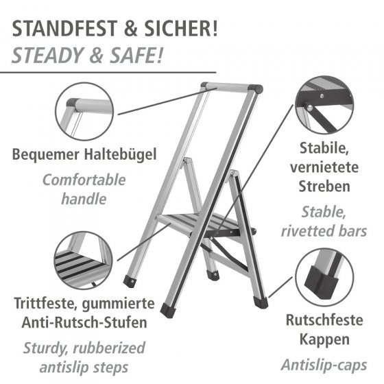 Alu-Design Klapptrittleiter 1-stufig Silber, rutschsichere XXL-Stufen