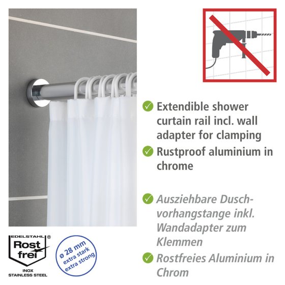 Teleskop-Duschstange Mod. Luz 70 - 115 cm, Chrom, ausziehbare Duschvorhangstange aus rostfreiem Edelstahl 