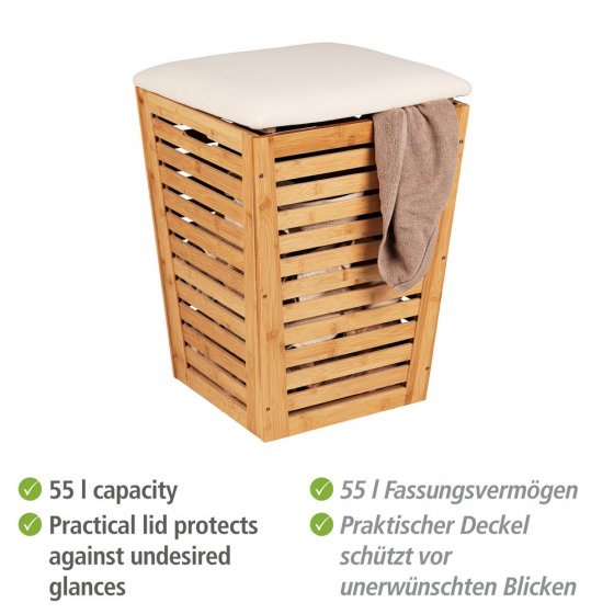 Wäschetruhe Mod. Bambusa mit Sitzpolster, konische Form, ideal zur Wäscheaufbewahrung