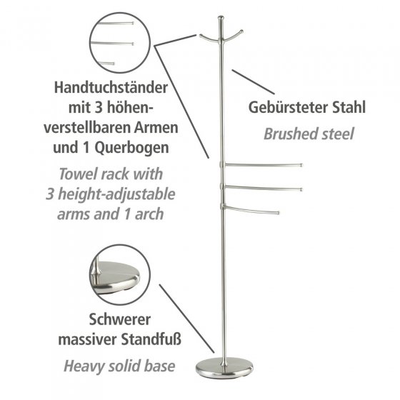 Handtuchständer Mod. Adiamo mit 3 Armen u. Haken, höhenverstellbare Handtucharme