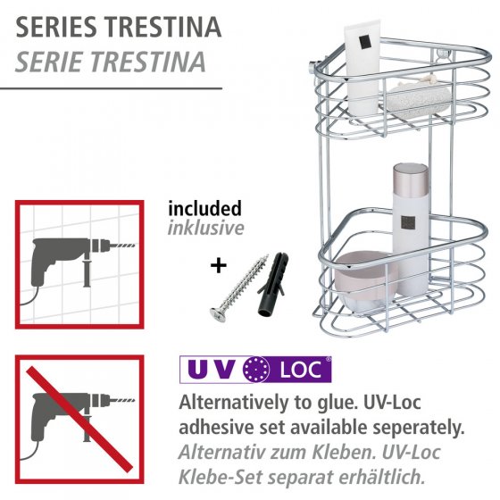 Edelstahl Eckregal Mod. Trestina 2 Etagen, extra tiefer Korb für Shampoo- und Duschgelflaschen 