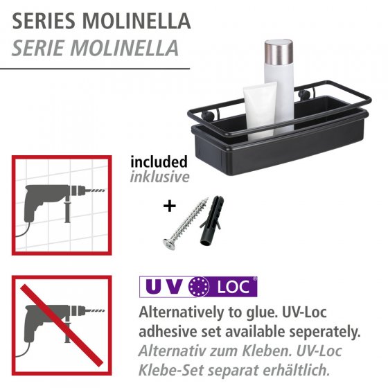 Wandablage Mod. Molinella Schwarz, extra tiefer Korb für Shampoo- und Duschgelflaschen 