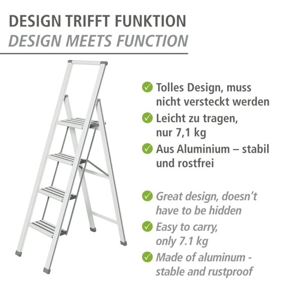 Alu-Design Klapptrittleiter 4-stufig Weiß, rutschsichere Stufen 