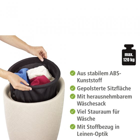 Hocker Mod. Candy Beige Leinenoptik, mit Wäschesack, mit abnehmbarem Wäschesammler 