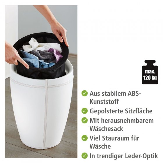 Hocker Mod. Candy White in Lederoptik, mit abnehmbarem Wäschesammler