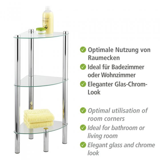Eckregal Mod. Yago mit 3 Glasablagen, aus Edelstahl und Sicherheitsglas