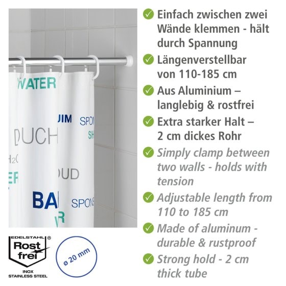 Teleskop-Duschstange Chrom 110 - 185 cm, aus rostfreiem Aluminium 