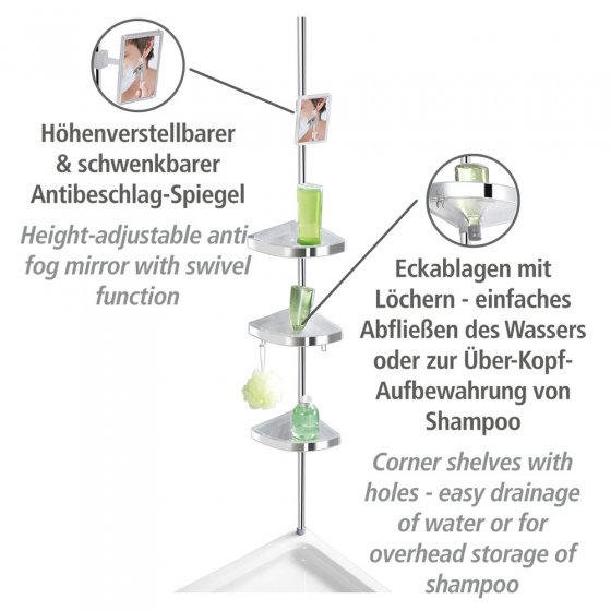 Teleskop Duschecke Premium glänzend, mit 3 Ablagen und Spiegel 