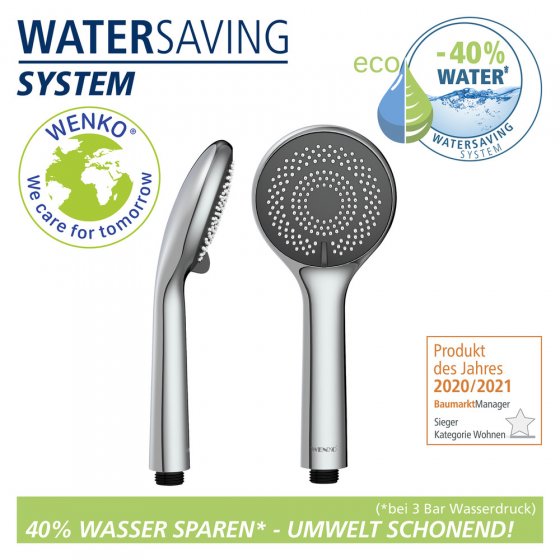 Duschkopf Watersaving Ø 9,5 cm, Universal-Handbrause mit Wasserspar-System 