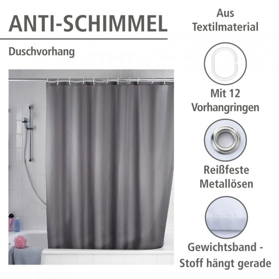 Anti-Schimmel Duschvorhang Uni Grey, Textil (Polyester), 180 x 200 cm, waschbar