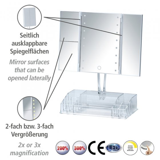 LED-Standspiegel mit Organizer Mod. Fanano, Leuchtspiegel mit 2-/3-fach Vergrößerung