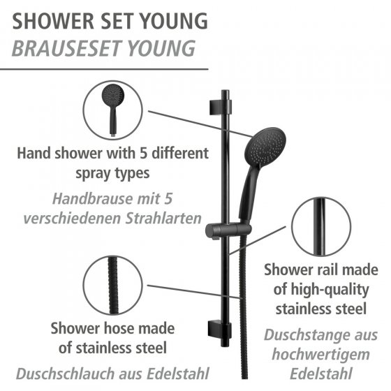 Brauseset Mod. Young Schwarz, Länge Stange: 66 cm
