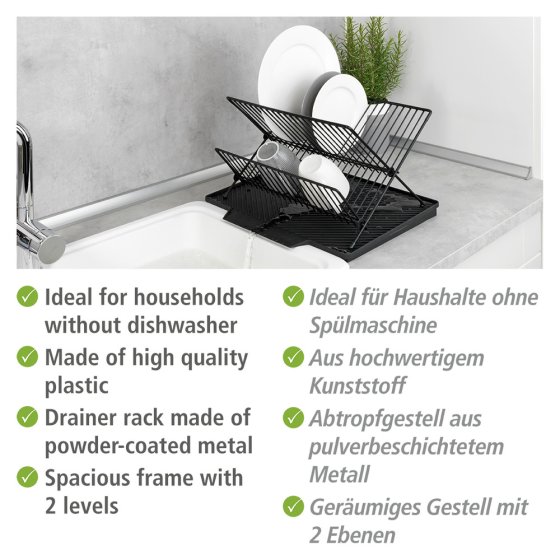 Abtropfmatte Mod. Nelia mit Abtropfgestell, Schwarz, mit geneigter Fläche für optimalen Wasserablauf 