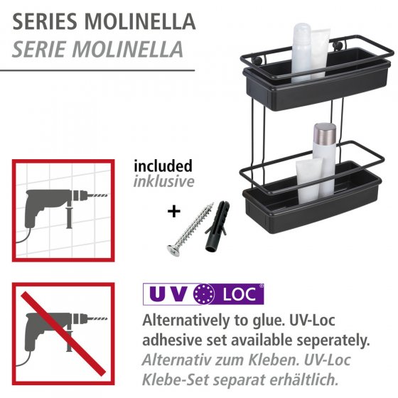 Wandregal Mod. Molinella 2 Etagen Schwarz, extra tiefe Körbe für Shampoo- und Duschgelflaschen 
