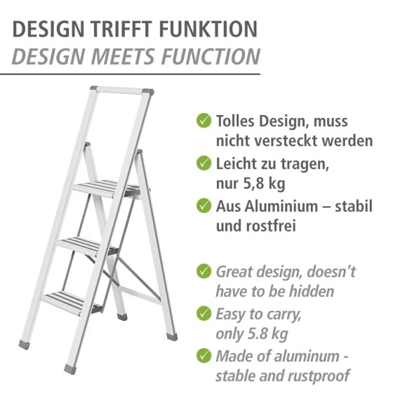 Alu-Design Klapptrittleiter 3-stufig Weiß, rutschsichere XXL-Stufen 